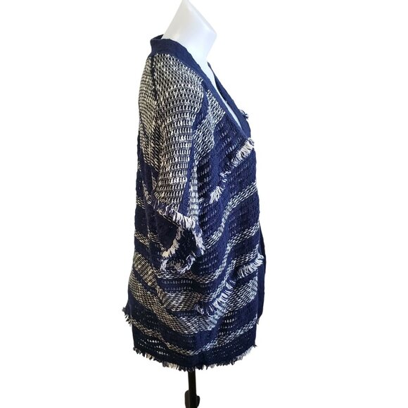 Lucky Brand Blue White Open Front Short Sleeve Boho Fringe Poncho Cardigan XS/S - Picture 3 of 8